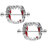 14G 1 1/8 Steel Dripping Red Vampire Fangs Barbell Nipple Shield Set