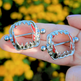 14G 1 1/8 Steel Dripping Red Vampire Fangs Barbell Nipple Shield Set