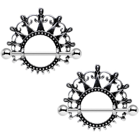 1 inch Dark Ornate Detail Princess Crown Barbell Nipple Shield Set