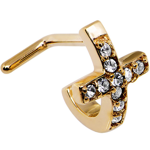 18G Clear Gem Gold PVD Cross Faux Hoop L Shaped Nose Ring