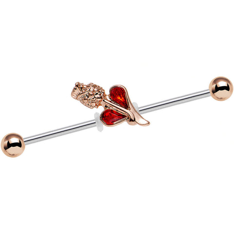 14G Clear Red Gem Rosy Hue Heart and Rose Flower Industrial Barbell 38mm
