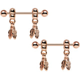 14G .94 Rose Gold Fair Weather Feather Dangle Nipple Ring Set