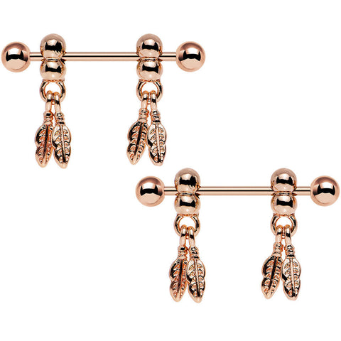 14G .94 Rose Gold Fair Weather Feather Dangle Nipple Ring Set