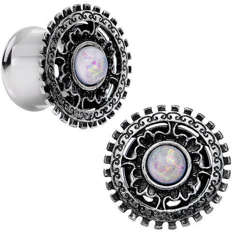 1/2 White Faux Opal Steel Finely Framed Double Flare Plug Set