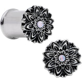 0G White Synthetic Opal Steel Flower Frame Double Flare Plug Set