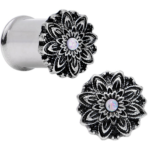 0G White Synthetic Opal Steel Flower Frame Double Flare Plug Set