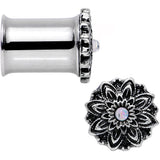 0G White Synthetic Opal Steel Flower Frame Double Flare Plug Set