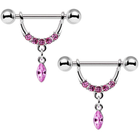 14G 3/4 Pink Gem Steel Drip Drop Dangle Nipple Ring Set