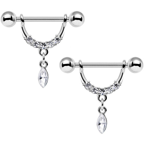 14G 3/4 Clear Gem Steel Drip Drop Dangle Nipple Ring Set