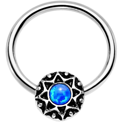 14G 9/16 Blue Faux Opal Steel Ornate Star Symbol Captive Ring