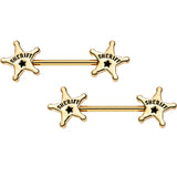 14G 5/8 Gold Plated Steel Sheriffs Badge Nipple Barbell Set