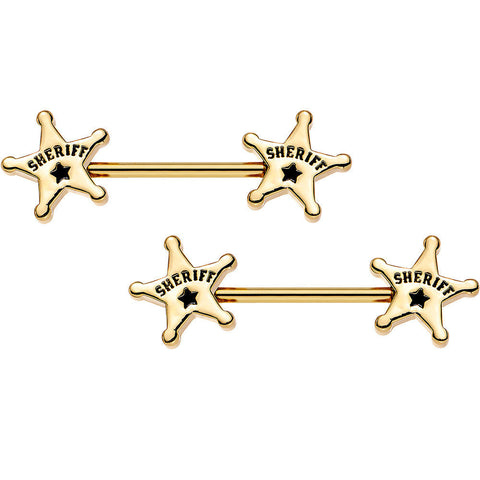 14G 5/8 Gold Plated Steel Sheriffs Badge Nipple Barbell Set