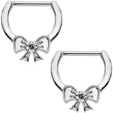 14G 1/2 Clear Gem Stainless Steel Ribbon Bow Nipple Clicker Set
