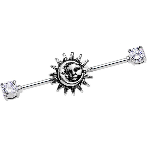 14G Clear CZ Steel Celestial Sun and Moon Industrial Barbell 38mm