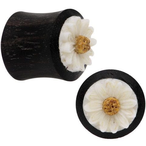 7/16G Organic Black Wood White Detailed Daisy Flower Saddle Plug Set