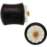 7/16G Organic Black Wood White Detailed Daisy Flower Saddle Plug Set