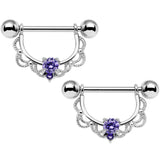 14G 5/8 Purple CZ Gem Steel Scalloped Dangle Nipple Ring Set
