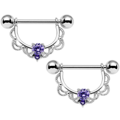 14G 5/8 Purple CZ Gem Steel Scalloped Dangle Nipple Ring Set