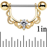 14G 5/8 Clear CZ Steel Gold Plated Scalloped Dangle Nipple Ring Set
