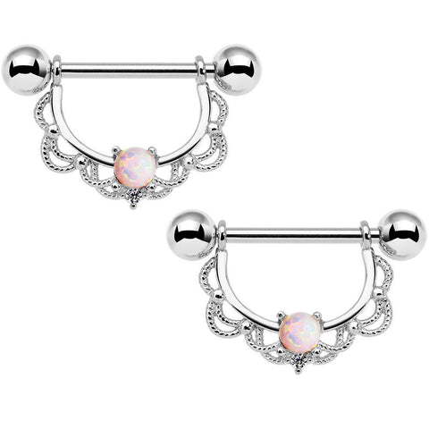 14G 5/8 White Synthetic Opal Steel Scalloped Nipple Ring Set