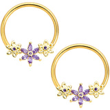 14G 5/8 Purple CZ Gold Anodized Daisy Flower BCR Nipple Ring Set