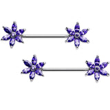 14G 5/8 Purple CZ Pimpernel Flower Ends Nipple Barbell Set