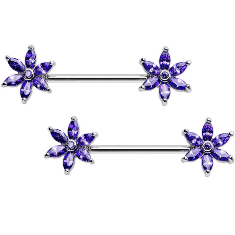 14G 5/8 Purple CZ Pimpernel Flower Ends Nipple Barbell Set