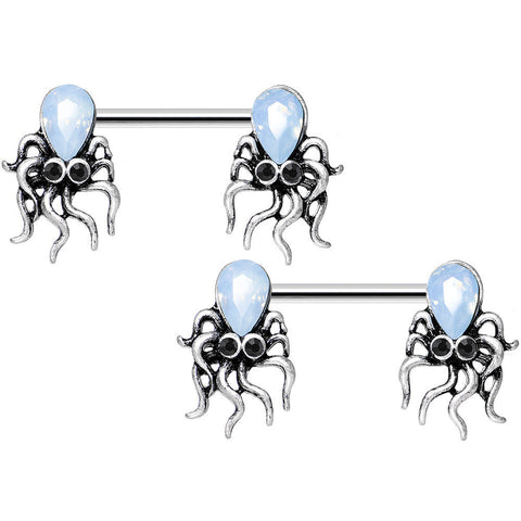 14G 9/16 Light Blue Faux Opal Whimsical Octopus Nipple Ring Set