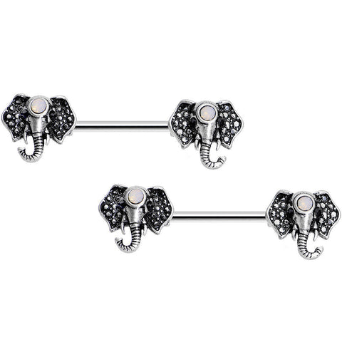 14G 9/16 White Faux Opal Elegant Elephant Nipple Ring Set