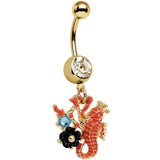 Clear Aqua Gem Gold PVD Orange Black Flower Seahorse Dangle Belly Ring