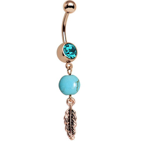 Aqua Gem Rose Gold Anodized Faux Turquoise Feather Dangle Belly Ring