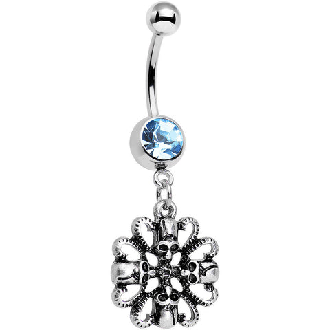 Aqua Gem Halloween Quad Skull and Snake Dangle Belly Ring