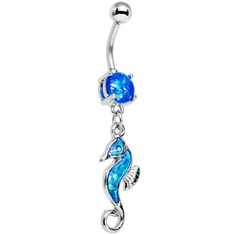 Blue Faux Opal See You Later Seahorse Dangle Belly Ring