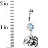 Aqua Blue Gem Paisley Love Locket Heart Dangle Belly Ring