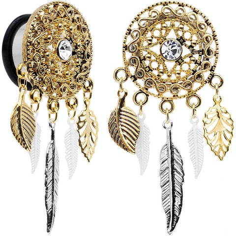 5/8 Clear Gem Ornate Gold Disc Leaf Feather Dangle Plug Set