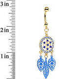 Blue Gem Gold Anodized Steel Dream Leaf Dangle Belly Ring