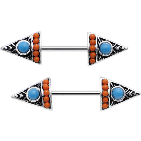 14G 9/16 Blue and Orange Artistic Deco Arrowhead Nipple Ring Set