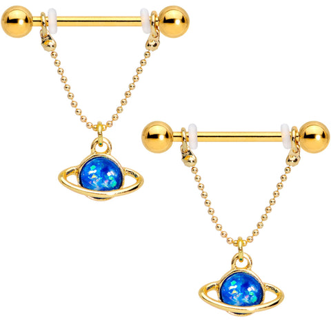 Blue Faux Opal Gold PVD Rings of Saturn Dangle Barbell Nipple Ring Set