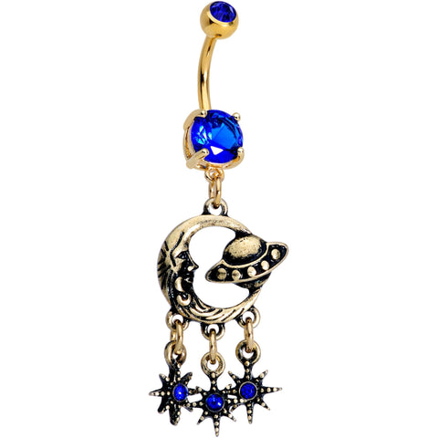 Blue CZ Gem Gold PVD UFO Dreamcatcher Dangle Belly Ring