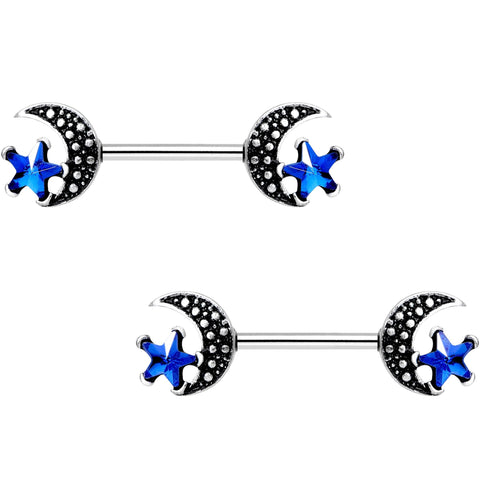 9/16 Blue Gem Stars and Moons Barbell Nipple Ring Set