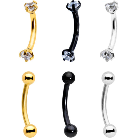 3/8 Clear CZ Gem PVD Curved Eyebrow Ring Set of 6