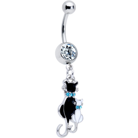 Clear Gem Black and White Cat Family Dangle Belly Ring