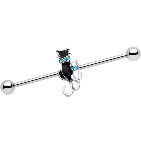 14G Aqua Gem Black and White Cat Family Industrial Barbell 38mm