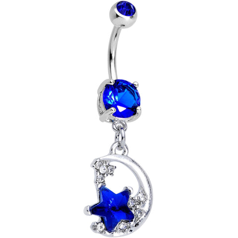 Blue Gem Starry Crescent Moon Dangle Belly Ring