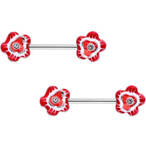 9/16 Clear Gem Red Anemone Buttercup Flower Barbell Nipple Ring Set