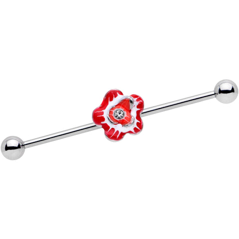 14G Clear Gem Red Anemone Flower Industrial Barbell 38mm