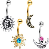 Blue Pink Gem Sun and Moon Goddess Belly Ring Set of 4