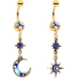 Blue Gem Gold PVD Blue Celestial Moon Star Dangle Belly Ring Set of 2