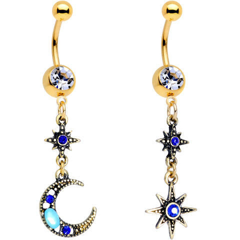 Blue Gem Gold PVD Blue Celestial Moon Star Dangle Belly Ring Set of 2