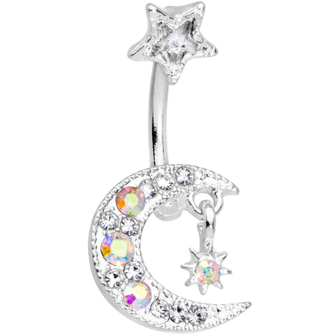 Clear Aurora Gem Crescent Moon and Star Duo Dangle Belly Ring